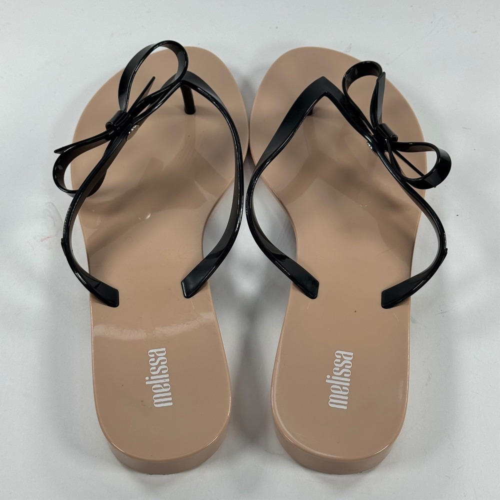 Melissa Harmonic Sweet Bow Thong Sandals Black Beige Vegan Jelly Flip Flops 10 - Picture 12 of 13